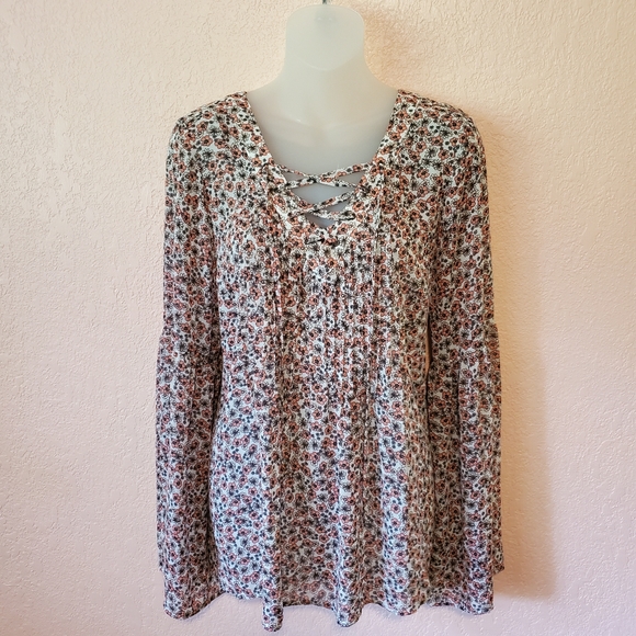 Torrid Long Bell Sleeve Floral Semi Sheer Blouse